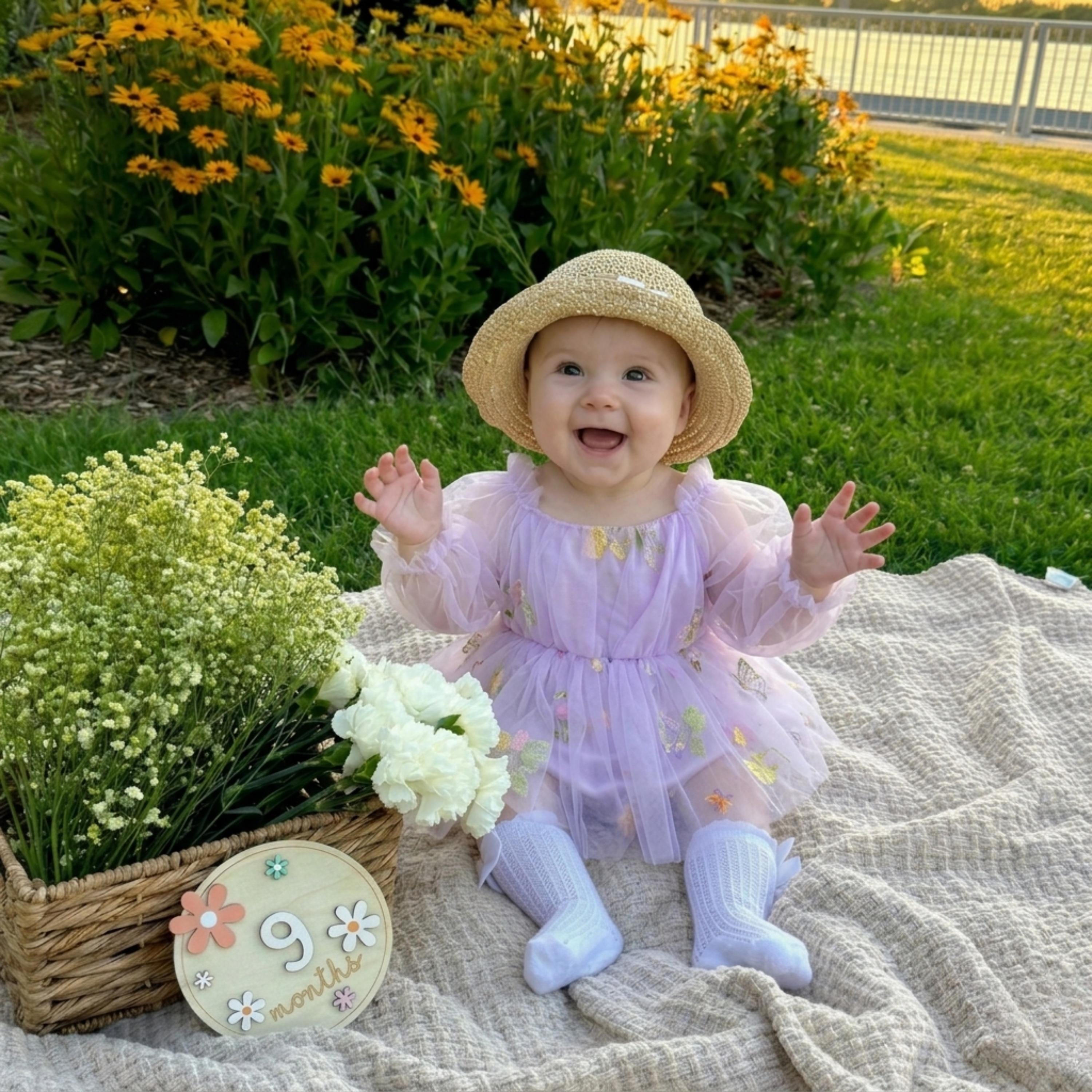 Floral Embroidered Baby Tulle Romper Dress - Long Sleeve Baby Girl Photo Outfit, Lavender Pink Peach, Milestone Shoot Sizes 0-6M to 2T