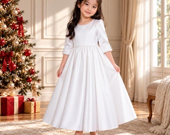 Girls Satin Flower Girl Dress, Pearl Trim A Line Gown, Long Sleeve Formal Dress, Christmas Party Dress, First Communion Dress