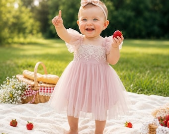 Vestido de tul para bebé niña, manga con volantes y bordado de encaje - Vestido de bebé fruncido en rosa palo y marfil, conjunto para sesión de fotos de primer cumpleaños (0-24 meses)
