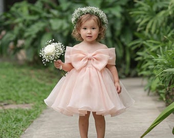 Vestido de niña de las flores con lazo grande, vestido de organza y tul rosa rubor para niña pequeña, vestido de novia con hombros descubiertos para niña, vestido blanco de niña de las flores, vestido de bebé con lazo