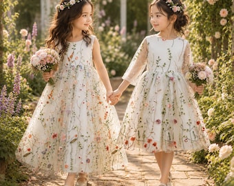 Geborduurde bloemenmeisjesjurk met wilde bloemen, junior bruidsmeisjesjurk bloementule bloemen, boho-trouwjurk illusie mouw, meisjestuinfeest