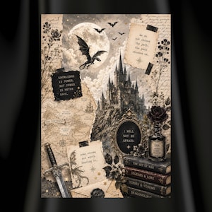 Könnte beinhalten: Digitaler Kunstdruck mit gotischem Thema. Enthält ein Schloss, einen Drachen und Vintage-Kartenelemente. Enthält Text: „Wissen ist Macht“, „Ich werde keine Angst haben“ und „Manche Stürme sind es wert, in ihnen zu tanzen“. Die Wörter „Kindle Insert“ und „Digitaler Download“ sind ebenfalls vorhanden.