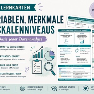 May include: Educational flashcards titled "Variablen, Merkmale & Skalenniveaus" featuring charts, diagrams, and text explaining statistical concepts. The cards include icons, tables, and bullet points on a white background with teal and purple accents.