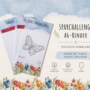 Könnte beinhalten: Digitaler Download eines Spar-Trackers mit Aquarelldesign. Das Design umfasst eine Schmetterlingsillustration, florale Akzente und den Text "SPARCHALLENGE A6-BINDER". Der Tracker ist im A6-Format.
