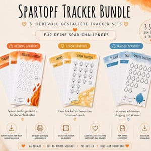 May include: A bundle of three tracker sets for saving money, with the title "SPARTOPF TRACKER BUNDLE". The sets include trackers for heating, electricity, and water usage, each with unique illustrations and text. A gold pen and floral accents are also visible.