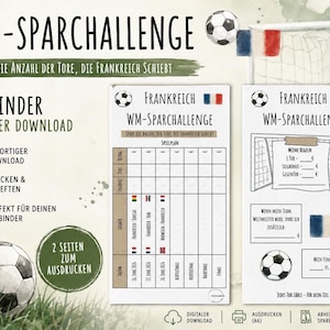 Könnte beinhalten: Digitaler Download für einen A6-Ordner mit Fußball- und französischen Flaggen-Grafiken. Das Design beinhaltet einen Spielplan und einen Bereich zur Verfolgung von Toren. Der Text enthält "WM-SPARCHALLENGE" und "DIGITALER DOWNLOAD".