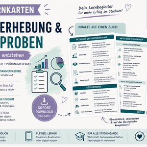 Pu&ograve; includere: Schede di studio intitolate Datenerhebung & Stichproben con infografiche, icone e testo. Il layout include sezioni sui metodi di raccolta dati, tipi di campionamento e criteri di qualit&agrave;, presentati in un formato strutturato e chiaro.