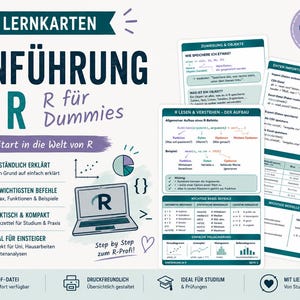 May include: A set of educational flashcards titled LERNKARTEN EINFÜHRUNG IN R R für Dummies. The cards feature dark teal headers, white backgrounds, and black text detailing R programming syntax, data import commands, and basic statistical functions.