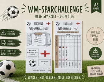 Englands VM-sparutmaning 2026 | Utskrivbar A6-pärm | PDF-nedladdning | Spara per mål och vinn | Sparmål i fotbolls-VM