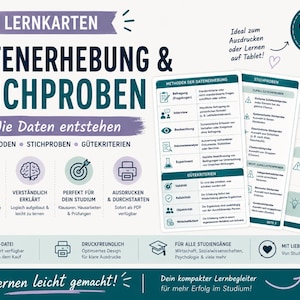 May include: Educational study cards titled LERNKARTEN DATENERHEBUNG & STICHPROBEN. The cards feature text in German detailing data collection methods, sampling, and quality criteria. The layout includes icons, bullet points, and a teal color scheme.