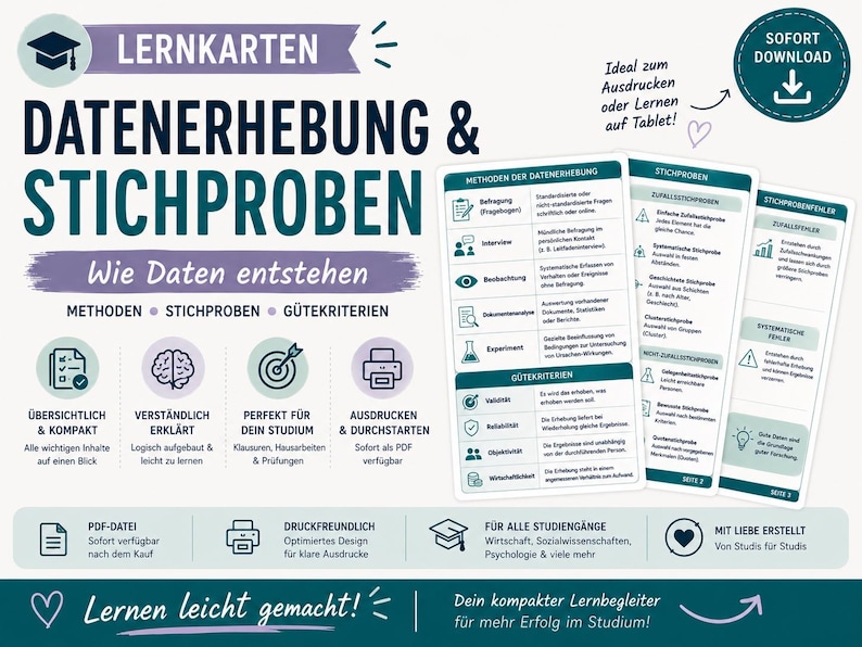 Pu&ograve; includere: Carte di studio educative intitolate LERNKARTEN DATENERHEBUNG & STICHPROBEN. Le carte contengono testo in tedesco che descrive i metodi di raccolta dati, il campionamento e i criteri di qualit&agrave;. Il layout include icone e uno schema di colori blu-verde.