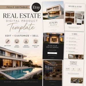 Puede incluir: Una plantilla digital de bienes raíces con un diseño moderno. La plantilla incluye elementos editables, compatibilidad con Canva, descarga instantánea y herramientas para impulsar las ventas. El diseño presenta imágenes de casas de lujo y un ático, con texto como "Luxury Real Estate" y "Book Your Private Viewing".