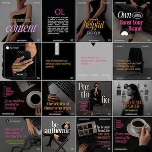 Può includere: Un set di modelli digitali per social media con sedici layout quadrati in una palette di colori nero, bianco e grigio. I design includono tipografia, elementi grafici minimalisti e immagini fotografiche di contesti aziendali professionali.
