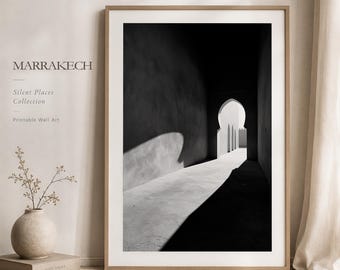 Lámina en blanco y negro de Marrakech, arte mural de arquitectura marroquí (descarga digital)