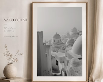 Fotografía en blanco y negro de Santorini, póster minimalista de la costa de la isla griega (descarga digital)