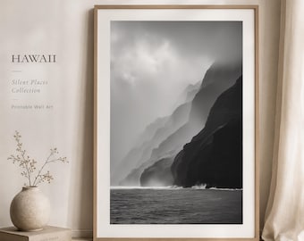 Hawaii Küsten Fotografie Druck, minimalistische schwarz weiß Ozean Kunst (digitaler Download)