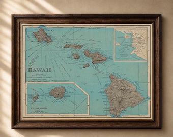 Vintage kaart print Hawaï, kust Hawaïaanse eilanden muurkunst (digitale download)