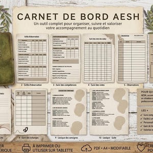 May include: A digital planner for AESH professionals titled Carnet de bord AESH, featuring multiple printable pages for tracking observations, skills, meeting notes, and tasks. The layout includes sections for daily logs, progress reports, and professional summaries in a neutral, paper-textured design.