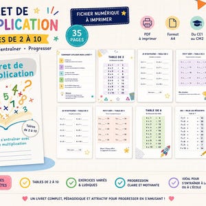 Peut inclure: Un livret numérique de multiplication de 35 pages pour enfants, couvrant les tables de 2 à 10. Ce cahier à spirales comprend des exercices éducatifs, des pages d'entraînement et des fiches de suivi avec des graphismes colorés et du texte.