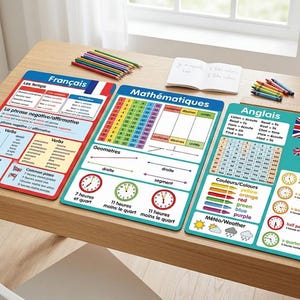 May include: Three educational posters for French, Math, and English subjects. The French poster features grammar and verb charts. The Math poster displays a multiplication table and geometry basics. The English poster includes vocabulary, a number grid, and clock faces.