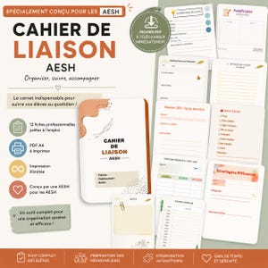 May include: A digital A4 printable liaison notebook for AESH professionals, featuring a cover with abstract shapes and text, alongside multiple internal page templates for student tracking, daily observations, meeting notes, and schedules.