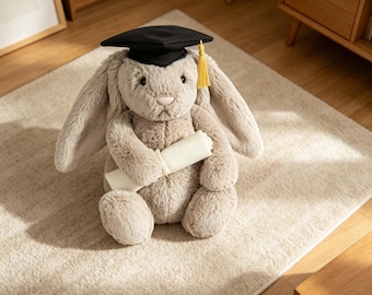 Jellycat Bashful Beige Bunny Graduation Plüschtier, ausgestattet mit staubdichter Tasche