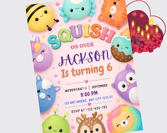 May include: A colorful birthday party invitation with the text "SQUISH ON OVER JACKSON Is turning 6". The invitation features cartoon animal characters, including a bee, cat, and owl, on a pink background. The date and time are also included.