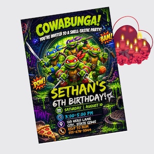 May include: A vibrant birthday party invitation featuring the Teenage Mutant Ninja Turtles. The invitation includes the text "COWABUNGA!" and "SETHAN'S 6TH BIRTHDAY!" with event details. A heart-shaped design with candles and roses is also present.