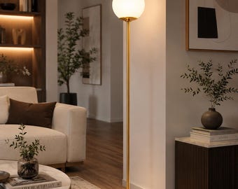 Luminária de chão moderna em latão com globo – Luminária de chão de vidro fosco estilo meados do século XX