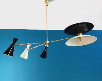 Lampadario personalizzato in stile Mid-Century Modern – Plafoniera Sputnik in ottone regolabile, lampada a sospensione bianca e nera, illuminazione di design per sala da pranzo.