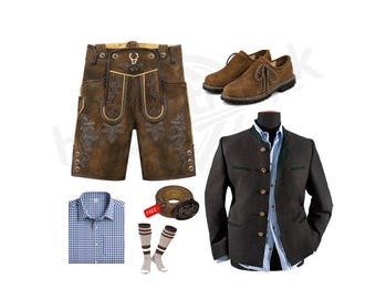 Ein original bayerisches Trachten-Set aus Wildleder und Lederhosen - Jacke, Hemd, Schuhe
