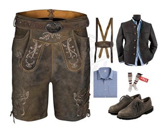 Tyskt bayerskt Oktoberfest-lederhosenset – Autentisk brun mocka-trachtenjacka, rutig skjorta, bälte, skor – Present till honom