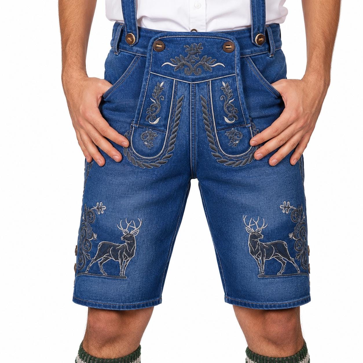 Men's Denim Lederhosen Shorts Oktoberfest Blue Jean Bavarian Trachten Shorts Embroidered German Beer Festival Outfit with Suspenders
