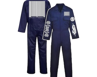 2000 Slipknot-jumpsuit – marineblauwe canvas halloween-cosplaykostuumoverall, Tattoo the Earth – jumpsuit met streepjescode