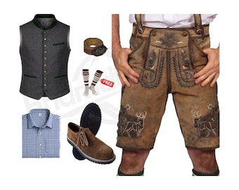 Men's Authentic Bavarian Lederhosen Set – Brown Suede Leather Oktoberfest Costume Outfit, Wool Vest, Shoes