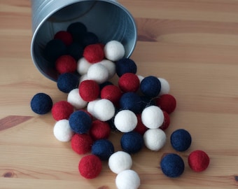 Vintage Americana Wool Felt Balls, Felt Pom Pom Balls, 4th of July Decor