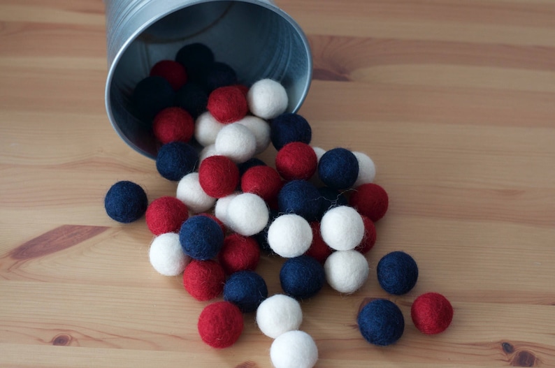 Vintage Americana Wool Felt Balls, Felt Pom Pom Balls, 4th of July Decor image 1