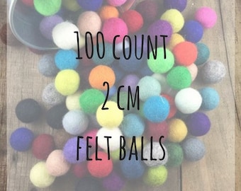 100 count - 2cm Wool Felt Balls - assorted colors