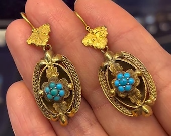 Antique Victorian Turquoise Forget Me Not Dangle Earrings 18ct Gold