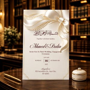 Op de afbeelding: Een crèmekleurige trouwkaart met een grote satijnen strik en parelsnoeren aan de bovenzijde. De tekst luidt: Bismillah, Ahmed & Dalia, Invite You to Their Wedding/Engagement Ceremony, Sunday, January 16, 2027, at 09:00 AM.
