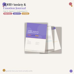 Puede incluir: Un diario titulado "ADHD Anxiety & Emotion Journal" con una portada morada y páginas blancas. El diario no está fechado y tiene 10 páginas. El texto de la portada dice "Feel it. Name it. Understand it."