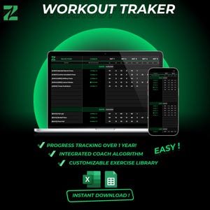 Peut inclure: Un suivi d'entraînement numérique affiché sur un ordinateur portable et un smartphone. Les écrans affichent un journal d'exercices vert et noir avec des champs de données. Le texte comprend "Workout Tracker" et "Téléchargement instantané!"