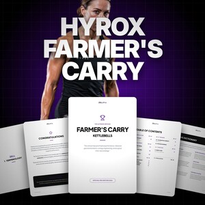 May include: A digital manual titled HYROX FARMER'S CARRY featuring multiple white pages with black text. The central page displays the title FARMER'S CARRY KETTLEBELLS, a trophy icon, and the text OFFICIAL PRO EDITION 2024. Other pages show sections like CONGRATULATIONS and TABLE OF CONTENTS.