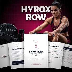 May include: A ZellPro training manual titled HYROX 1000M ROW STATION with a white cover, black text, and red accents. The manual is displayed alongside a black rowing machine and a person in a maroon sports bra performing a rowing exercise.