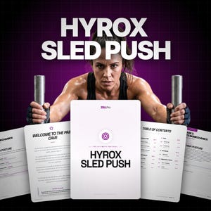 May include: A white informational guide titled HYROX SLED PUSH by ZELLPro, featuring a central cover page with a purple target icon, flanked by interior pages displaying text, a table of contents, and headers like WELCOME TO THE PAIN CAVE.