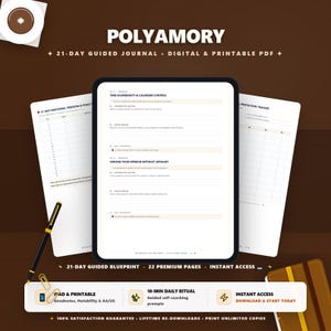 Puede incluir: Un diario guiado digital de 21 días sobre poliamor en una pantalla de tableta, con páginas PDF imprimibles con preguntas de auto-coaching, un bolígrafo negro y clips dorados. El diseño incluye encabezados de texto, preguntas diarias y rastreadores.