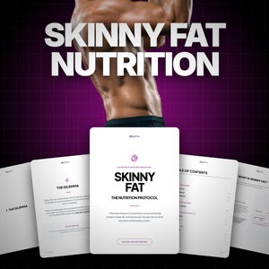 May include: A digital nutrition guide titled Skinny Fat The Nutrition Protocol by ZellPro, featuring white pages with black text, a purple grid background, and a muscular torso graphic. The document includes sections like The Dilemma and Table of Contents.