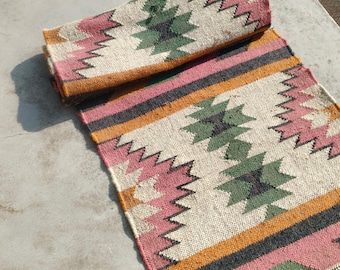 Handwoven Wool Jute Kilim Runner | Geometric Boho Hallway Rug