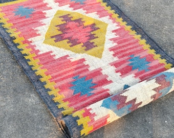 Handwoven Wool Jute Kilim Runner | Rustic Boho Geometric Stairway Rug