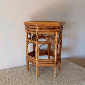 Vintage Asian Bamboo Flower Pot, Flower Pot Ornament, Flower Stand, Small Table, Greenhouse Stool, Hexagonal Planter